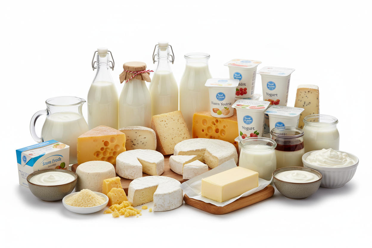 selection of dairy and milk