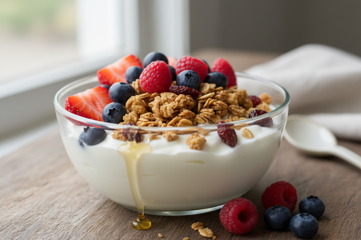 selection of granola and berries with yoghurt